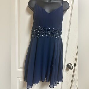 Formal Dress in Navy Blue with Floral Embellishments, Size 16 (Juniors)